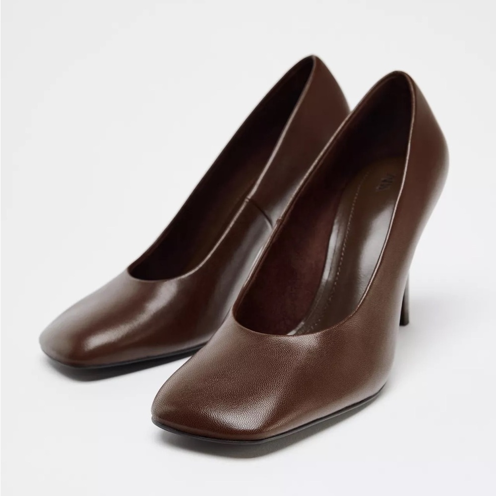 Zara Brown Leather Square Toe Heels